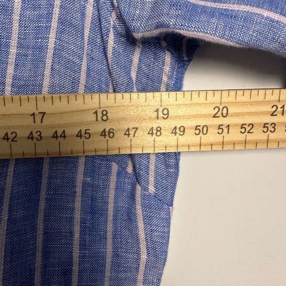 Ann Taylor Linen Striped Shirt Dress Medium Blue White Belted Coastal Preppy - Picture 9 of 11